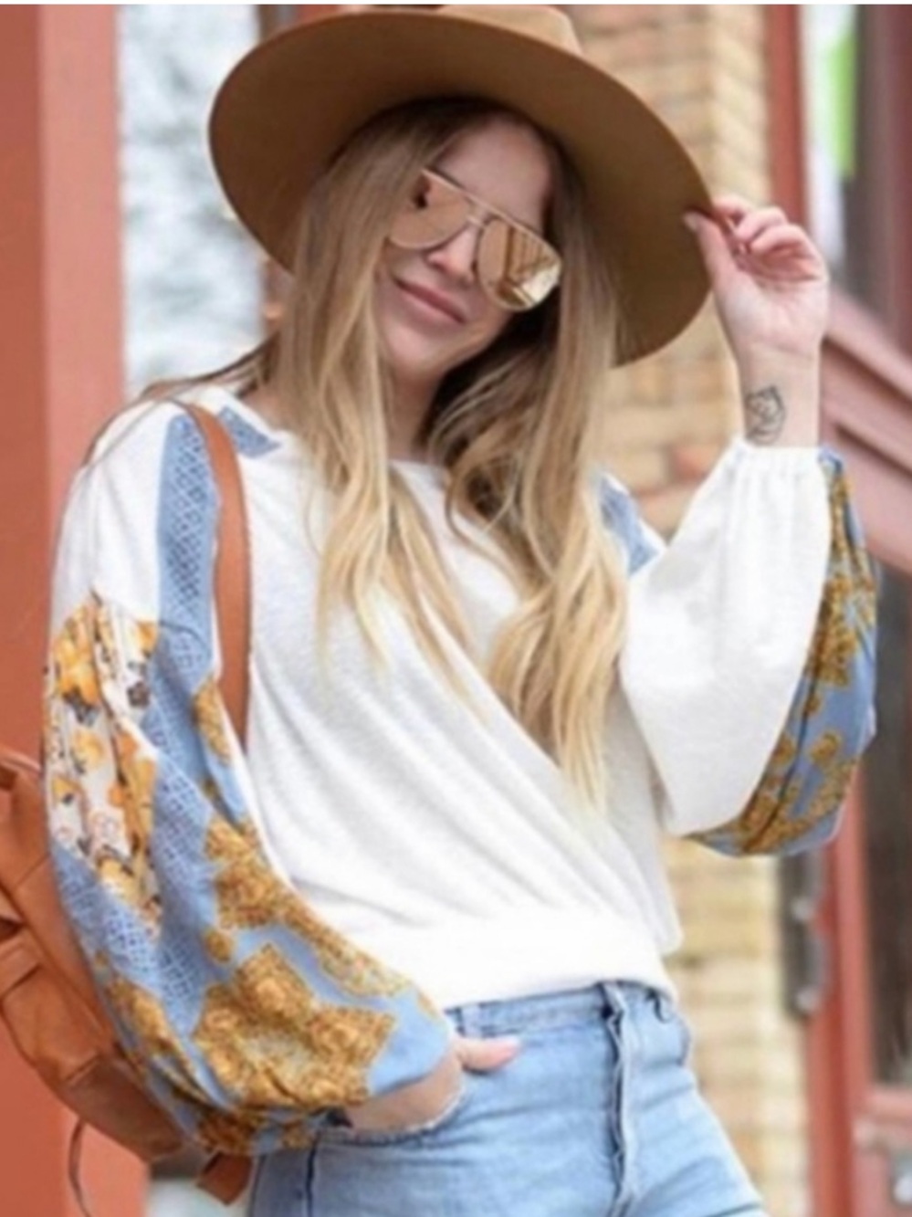 Free People Casual Clash Top Balloon Sleeves‎ Thermal Boho White